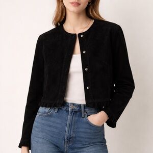 Double D Ranch Small Suede Black Cropped Button-Front Jacket with Ruffle Trim